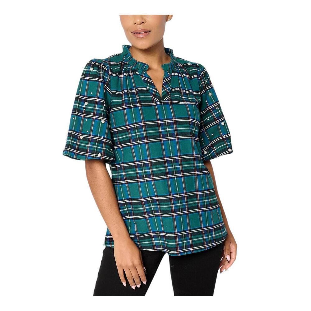 Jingle Belles by Kim Gravel Women's Tartan Pearl Trimmed Top Green - Regular